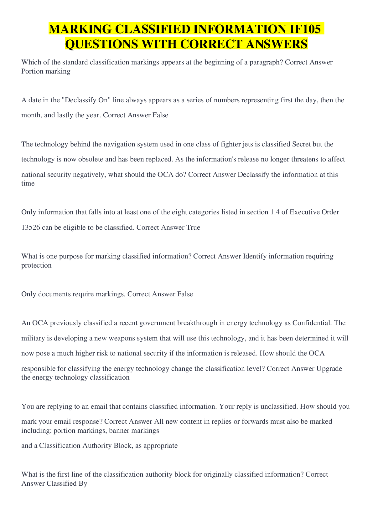 Preview image for MARKING CLASSIFIED INFORMATION IF105 QUESTIONS WITH CORRECT ANSWERS